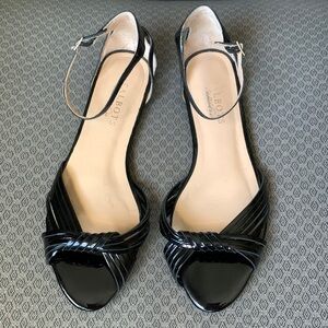 Talbots black patent leather sandals. Adjustable strap gold buckle. Size 8. EUC